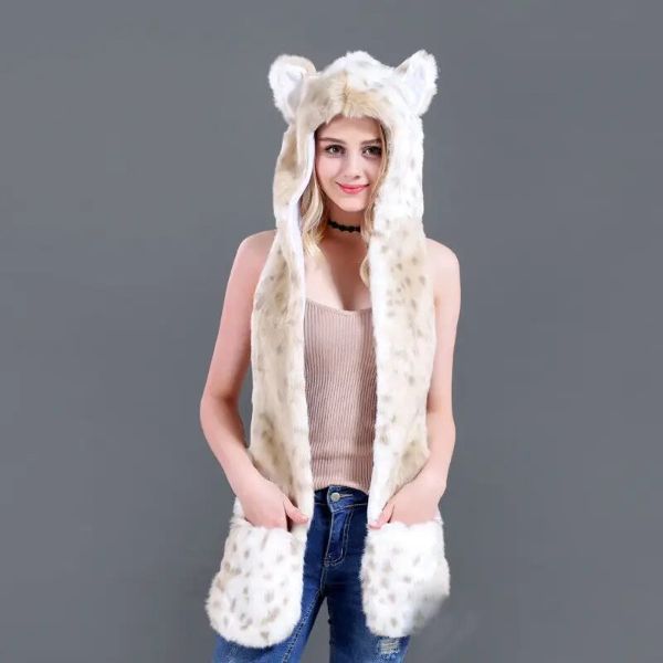 Faux Fur Hat with Warm Scarf Paw Mittens Gloves