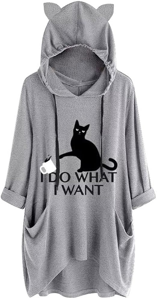 I Do What I Want オーバーサイズ キャットグラフィック パーカー レディース
