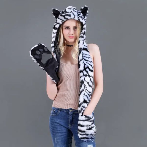 Faux Fur Hat with Warm Scarf Paw Mittens Gloves