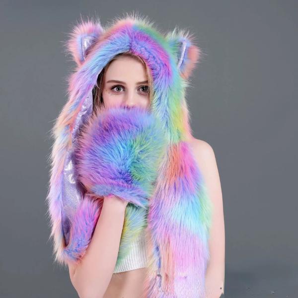 Faux Fur Hat with Warm Scarf Paw Mittens Gloves