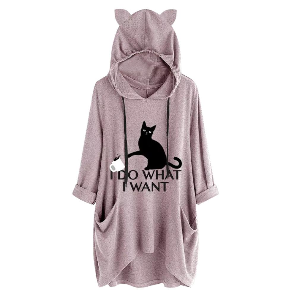 I Do What I Want オーバーサイズ キャットグラフィック パーカー レディース