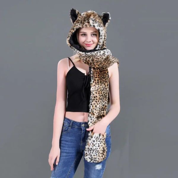 Faux Fur Hat with Warm Scarf Paw Mittens Gloves