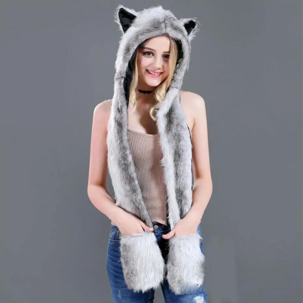 Faux Fur Hat with Warm Scarf Paw Mittens Gloves