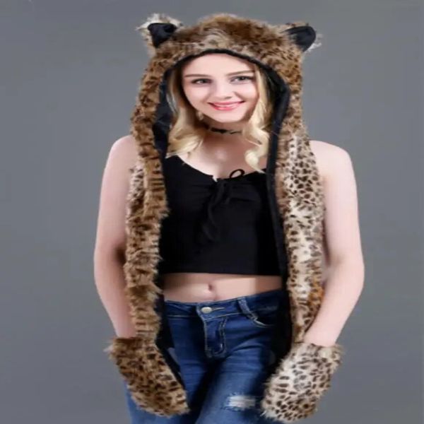 Faux Fur Hat with Warm Scarf Paw Mittens Gloves
