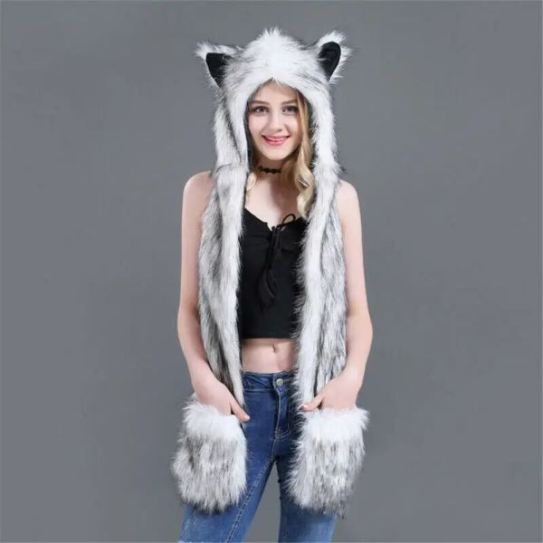 Faux Fur Hat with Warm Scarf Paw Mittens Gloves