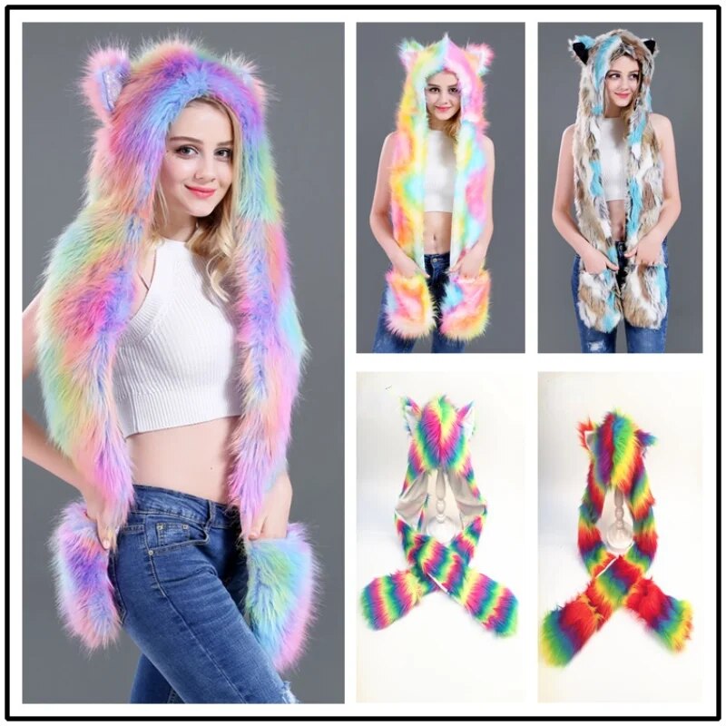 Faux Fur Hat with Warm Scarf Paw Mittens Gloves