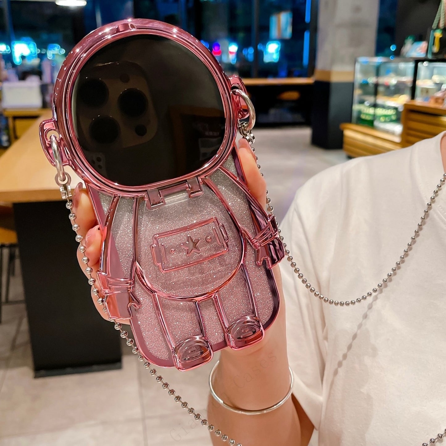iPhone用グリッター宇宙飛行士電話ケース(レンズ保護ケース)
