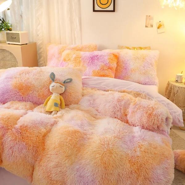 豪華なフェイクふわふわ高級掛け布団カバー クイーンサイズ (掛け布団カバー 1 枚 + 枕カバー 2 枚)