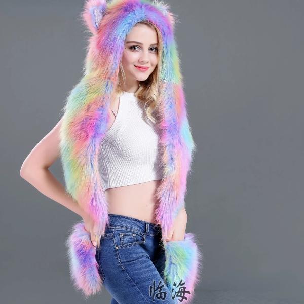 Faux Fur Hat with Warm Scarf Paw Mittens Gloves