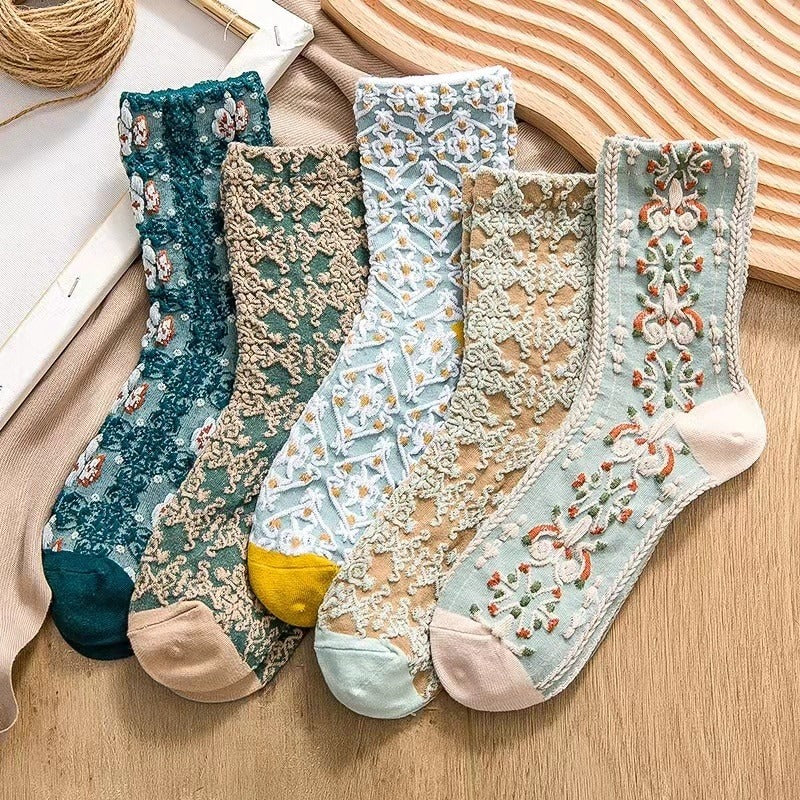 原宿レトロ刺繍ソックス(5足パック)