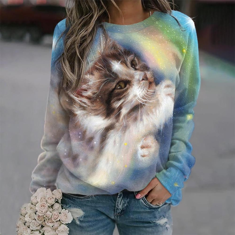 Trendy Cat Print Long-Sleeve Pullover T shirt