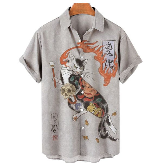 Hawaii-Kurzarmhemd für Herren mit japanischem Samurai-Katzen-Design 