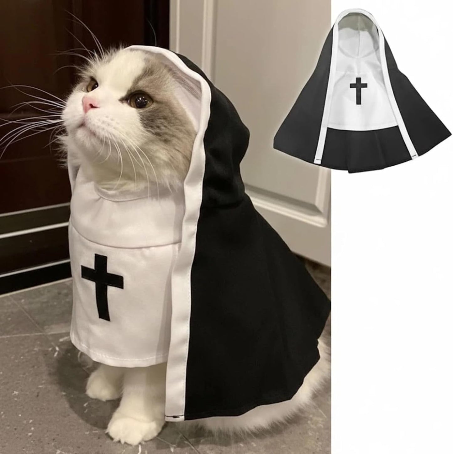 Funny Cat Nun Halloween Costume – Pet Cosplay Outfit for Cats & Dogs