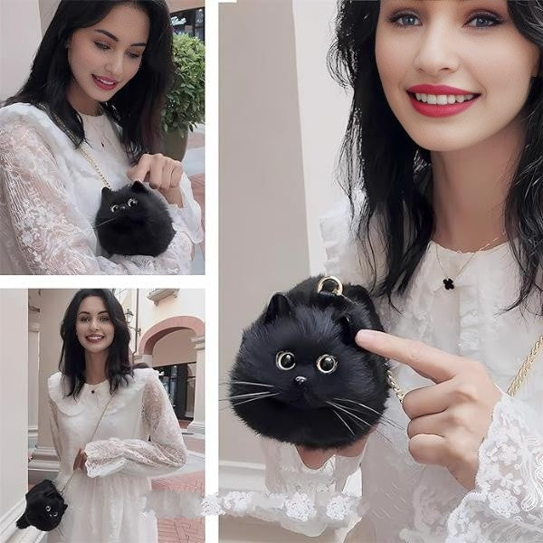 woman carrying black cat shaped handbag, 3D cat purse, kitty purse and unique gift for cat lover woman

