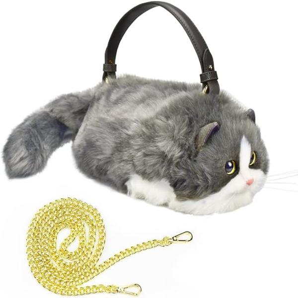 Grey white cat shaped handbag, 3D cat purse, kitty purse and unique gift for cat lover woman