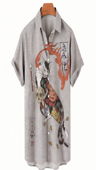 Hawaii-Kurzarmhemd für Herren mit japanischem Samurai-Katzen-Design 