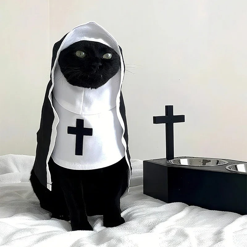 Funny Cat Nun Halloween Costume – Pet Cosplay Outfit for Cats & Dogs