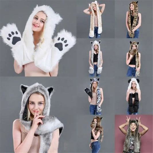 Faux Fur Hat with Warm Scarf Paw Mittens Gloves