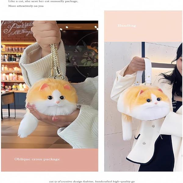 woman showing a orange tabby cat shaped handbag, 3D cat purse, kitty purse and unique gift for cat lover woman