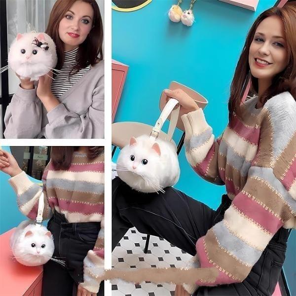 woman showing white cat shaped handbag, 3D cat purse, kitty purse and unique gift for cat lover woman
