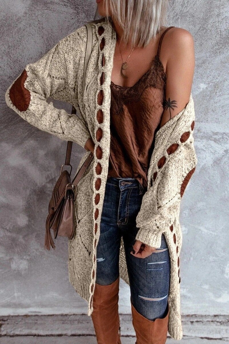 Hoodie Khaki Diamond Elbow Patch Long Cardigan Sweater