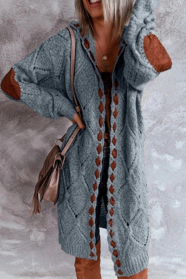 Hoodie Khaki Diamond Elbow Patch Long Cardigan Sweater main image 0