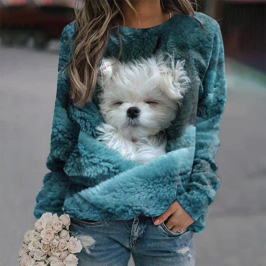 Funky Dog Print Langarm Pullover T-Shirt