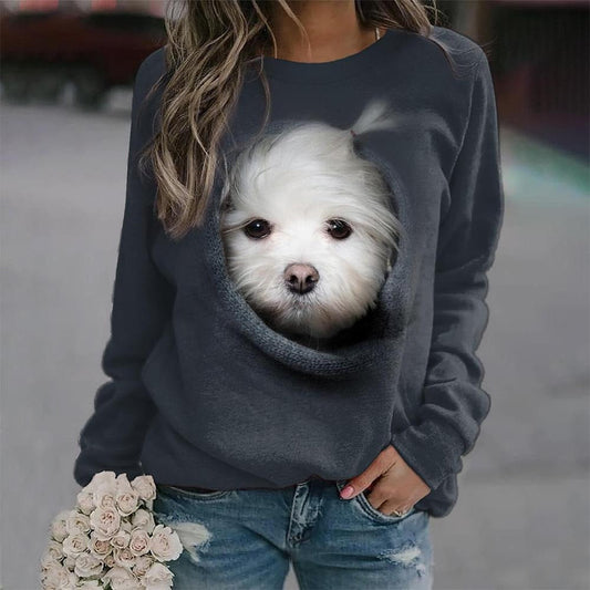 Funky Dog Print Langarm Pullover T-Shirt