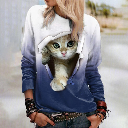 ファッション猫プリント長袖プルオーバーTシャツ