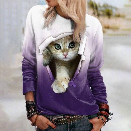 ファッション猫プリント長袖プルオーバーTシャツ